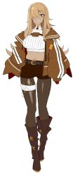 Rule 34 | 1girl, belt, blonde hair, boots, breasts, brown footwear, brown jacket, brown pantyhose, brown shorts, clenched teeth, cropped sweater, dark-skinned female, dark skin, doko tetora, full body, grin, hair ornament, hair over one eye, highres, jacket, large breasts, long hair, looking at viewer, midriff, navel, one eye covered, open clothes, open jacket, original, pantyhose, red eyes, short shorts, shorts, simple background, sleeves past fingers, sleeves past wrists, smile, solo, standing, sweater, teeth, thigh strap, white background, white sweater