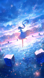 Rule 34 | 1girl, ahoge, bare legs, barefoot, black hair, cloud, commentary request, confetti, dress, full body, highres, long hair, low-tied long hair, original, outdoors, pillar, sakimori (hououbds), scenery, sky, solo, tagme, walking, walking on liquid, water