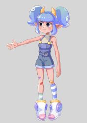 Rule 34 | 1girl, absurdres, asymmetrical legwear, bandaid, bandaid on leg, belt, black eyes, blue belt, blue eyes, blue hair, blue overalls, blue shorts, blue socks, blunt bangs, commentary, concept art, english commentary, freckles, frown, full body, giwi, gradient eyes, green socks, grey background, hackerling, high collar, highres, horns, indie virtual youtuber, jacket, light blush, looking to the side, marking on cheek, monster girl, multicolored clothes, multicolored eyes, multicolored legwear, multicolored nails, nail polish, official art, open hand, outstretched arm, overalls, pale skin, pointy ears, rubberninja, shirt, shoes, short twintails, shorts, sidelocks, simple background, sketch, sleeveless, sleeveless shirt, socks, solo, star (symbol), striped clothes, striped socks, suction cups, tentacle hair, twintails, unworn jacket, virtual youtuber, white footwear, white shirt, white socks, yellow horns
