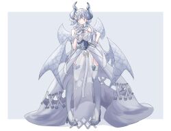 Rule 34 | 1girl, bare shoulders, blush, breasts, cleavage, demon girl, demon horns, demon wings, detached collar, dress, drill hair, duel monster, earrings, full body, gloves, grey background, grey eyes, grey hair, horns, jewelry, large breasts, leotard, long dress, looking down, lovely labrynth of the silver castle, multiple wings, nasubi3632, pointy ears, see-through, simple background, solo, thighhighs, transparent wings, twin drills, white background, white dress, white gloves, white leotard, white thighhighs, wings, yu-gi-oh!