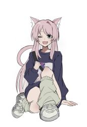 Rule 34 | 1girl, animal ears, anon8p, bang dream!, bang dream! it&#039;s mygo!!!!!, black shirt, cat ears, cat girl, cat tail, chihaya anon, fang, full body, green socks, grey eyes, highres, kemonomimi mode, long hair, long sleeves, looking at viewer, loose socks, one eye closed, open mouth, pink hair, shirt, shoes, shoulder strap, simple background, sitting, smile, sneakers, socks, solo, tail, white background, white footwear