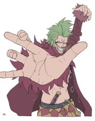 Rule 34 | 1boy, arms up, bartolomeo, coat, fur trim, green hair, grin, long sleeves, male focus, one piece, open clothes, open shirt, piercing, sheath, sheathed, smile, solo, ufkqz, white background