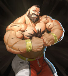 Rule 34 | 1boy, bara, beard, black hair, chest hair, clenched hands, double biceps pose, facial hair, flexing, highres, large pectorals, male focus, mohawk, muscular, muscular male, nesskain, pants, pectorals, scar, scar on arm, short hair, smile, solo, street fighter, teeth, topless male, wrestling outfit, zangief