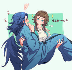 Rule 34 | !, 1boy, 1girl, aqua eyes, blue eyes, blue hair, blue robe, blush, bracelet, brown hair, green background, heart, highres, jewelry, lanxi zhen, laojun (the legend of luoxiaohei), li qingning (the legend of luoxiaohei), long hair, long sleeves, open clothes, profile, robe, sparkle, speech bubble, spoken exclamation mark, suncle, luo xiaohei zhanji, upper body, very long hair, wide sleeves