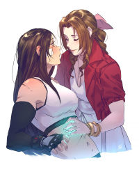 Rule 34 | 2girls, aerith gainsborough, bandages, black hair, bow, bracelet, breasts, brown hair, cleavage, crop top, denimcatfish, dress, elbow gloves, final fantasy, final fantasy vii, final fantasy vii remake, gloves, hair bow, healing, jacket, jewelry, looking at another, multiple girls, navel, pink dress, red jacket, scar, simple background, smile, stomach, tank top, tifa lockhart, undershirt, upper body, yuri