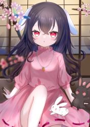 Rule 34 | 1girl, alternate hair length, alternate hairstyle, animal ears, black hair, blurry, blurry foreground, branch, carrot necklace, floppy ears, flower, highres, inaba mob (touhou), inaba tewi, jewelry, long hair, looking at viewer, necklace, okome2028, open mouth, outdoors, pink flower, pink shirt, pink skirt, rabbit, rabbit ears, red eyes, ribbon-trimmed skirt, ribbon trim, shirt, short sleeves, sitting, skirt, skirt set, touhou