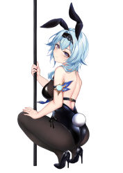 Rule 34 | 1girl, absurdres, alternate costume, animal ears, back, black footwear, black hair, black hairband, black leotard, black pantyhose, blue hair, bodystocking, breasts, closed mouth, commentary, eula (genshin impact), fake animal ears, full body, genshin impact, hairband, hand on own thigh, hand up, high heels, highres, holding, holding pole, leotard, long hair, looking at viewer, medium breasts, pantyhose, patent heels, playboy bunny, pole, pumps, rabbit ears, rabbit tail, shoes, simple background, solo, squatting, stiletto heels, stripper pole, tail, thighs, vision (genshin impact), white background, xiao dao jun, yellow eyes