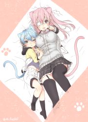 Rule 34 | 1boy, 1girl, animal ears, black thighhighs, blush, cat ears, cat tail, eyepatch, lying, nei (os), on back, on bed, one side up, open mouth, original, os (os fresa), pointy ears, shorts, skirt, souta (os), tail, thighhighs, twitter username