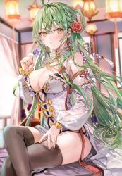 Rule 34 | 1girl, absurdres, ahoge, blush, breasts, brown thighhighs, china dress, chinese clothes, crossed legs, detached sleeves, dress, earrings, feet out of frame, flower, green hair, hair between eyes, hair flower, hair ornament, hand on own thigh, highres, holding, holding flower, indoors, jewelry, lantern, large breasts, long hair, long sleeves, momoko (momopoco), original, parted lips, purple flower, red flower, scan, sitting, solo, tassel, thighhighs, very long hair, white dress, yellow eyes, yukari (momoko)