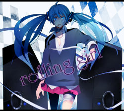 Rule 34 | 1girl, bad id, bad pixiv id, bandages, blood, blue eyes, blue hair, hatsune miku, highres, injury, long hair, matching hair/eyes, rolling girl (vocaloid), school uniform, shirotaka (5choume), skirt, solo, sweater, twintails, very long hair, vocaloid