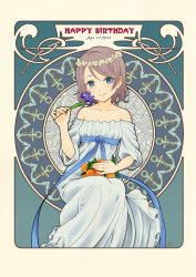Rule 34 | 1girl, anchor symbol, bare shoulders, blue dress, blue eyes, blue ribbon, collared shirt, commentary request, dated, dress, flower, food, fruit, grey hair, happy birthday, head wreath, highres, holding, holding flower, invisible chair, iris (flower), jasmine (flower), looking at viewer, love live!, love live! school idol festival, love live! sunshine!!, m-shiganai, mandarin orange, ribbon, sash, shirt, short hair, sitting, smile, solo, watanabe you