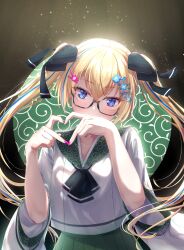 Rule 34 | 1girl, absurdres, black background, black ribbon, blonde hair, blue eyes, blue hair, blush, commentary, crossed bangs, dot nose, english commentary, finger heart, fingernails, flower, glasses, green skirt, hair between eyes, hair flower, hair ornament, hair ribbon, highres, japanese clothes, kimono, light particles, light rays, long sleeves, looking at viewer, mixed-language commentary, multicolored hair, nail polish, original, pink nails, pleated skirt, purple hair, ribbon, school uniform, semi-rimless eyewear, serafuku, shirt, skirt, streaked hair, twintails, white shirt, wide sleeves, yukai nao