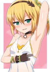 Rule 34 | 1girl, absurdres, arm up, armpits, black choker, blonde hair, blush, border, breasts, check commentary, choker, collarbone, commentary, commentary request, dress, edna (tales), eyelashes, gloves, green eyes, green ribbon, hairband, highres, light smile, long bangs, looking at viewer, parted lips, pink background, presenting armpit, ribbon, shiny skin, side ponytail, single glove, small breasts, smile, steam, strap slip, sweat, tales of (series), tales of zestiria, tankuro uri, upper body, white border, white dress