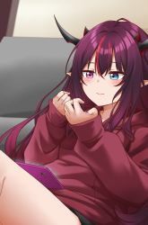 Rule 34 | 1girl, absurdres, black shorts, blush, cellphone, couch, gacha, hair behind ear, heterochromia, highres, hololive, hololive english, hood, hoodie, horns, irys (hololive), jan azure, meme, multicolored hair, multiple horns, nail polish, phone, pointy ears, purple hair, purple nails, red hair, red hoodie, shorts, sitting, smartphone, solo, streaked hair, textless version, truth, virtual youtuber