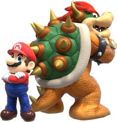 Rule 34 | 1boy, 1girl, back-to-back, blue eyes, bowser, brown hair, claws, crossed arms, facial hair, gloves, hat, horns, mario, mario (series), mustache, nintendo, overalls, red hair, spikes, super mario 64, tail
