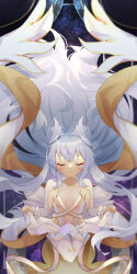 Rule 34 | 1girl, :o, absurdly long hair, absurdres, azur lane, ballerina, blurry, blush, breasts, choker, cleavage, closed eyes, clothes lift, clothing cutout, collarbone, depth of field, detached sleeves, double bun, ebichiri sunday, facing viewer, floating hair, frills, gradient background, grey hair, hair between eyes, hair bun, hair ornament, head wings, highres, idol, idol clothes, kneeling, le malin (azur lane), le malin (muse) (azur lane), leotard, lifted by self, long hair, long sleeves, looking at viewer, navel, official alternate costume, pantyhose, parted lips, revealing clothes, ribbon, sidelocks, simple background, skirt, skirt hold, skirt lift, small breasts, solo, stage curtains, star (symbol), starry background, thigh gap, tutu, very long hair, white leotard, white pantyhose, white skirt, wing hair ornament, wings