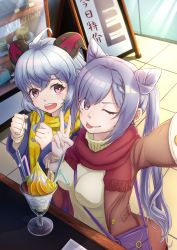 Rule 34 | 2girls, :d, ;), ;p, absurdres, ahoge, alternate costume, arm up, astartlink, bag, bakery, blue hair, braid, cake, casual, clenched hands, coat, commentary request, cone hair bun, contemporary, display case, double bun, food, from above, ganyu (genshin impact), genshin impact, hair between eyes, hair bun, handbag, highres, horns, indoors, keqing (genshin impact), long hair, long sleeves, looking at viewer, looking up, multiple girls, one eye closed, open mouth, parfait, plaid, plaid scarf, scarf, selfie, shop, sidelocks, single braid, smile, tongue, tongue out, translation request, twintails, v, v-shaped eyebrows