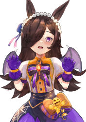 Rule 34 | 1girl, animal ears, blue flower, blush, bow, brown hair, claw pose, commentary request, demon wings, fangs, flower, gloves, hair flower, hair ornament, hair over one eye, hands up, highres, horse ears, long hair, looking at viewer, mg42cat-k1ng, official alternate costume, open mouth, orange bow, puffy short sleeves, puffy sleeves, purple eyes, purple gloves, purple skirt, purple wings, rice shower (make up vampire!) (umamusume), rice shower (umamusume), shirt, short sleeves, simple background, skirt, solo, striped, striped bow, umamusume, very long hair, wavy mouth, white background, white shirt, wings