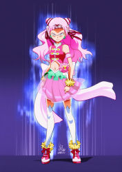 Rule 34 | 1girl, angry, clenched hands, cure yell, earrings, female focus, full body, grey eyes, heart, hugtto! precure, jewelry, long hair, looking at viewer, navel, nono hana, pink footwear, pink hair, pink skirt, precure, shoes, skirt, solo, standing, tomo5656ky, ultra instinct