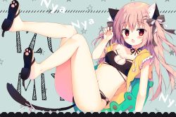 Rule 34 | 1girl, animal ears, bare shoulders, bikini, black bikini, black bow, black footwear, blush, bow, breasts, cat ears, cat girl, cat tail, chestnut mouth, claw pose, cleavage, collarbone, commentary request, fang, fingernails, hair bow, hair ornament, hairclip, hand up, izumiyuhina, jacket, long hair, navel, open clothes, open jacket, open mouth, original, pink hair, red eyes, romaji text, sandals, short sleeves, small breasts, solo, swimsuit, tail, two side up, very long hair, white bow, yellow jacket