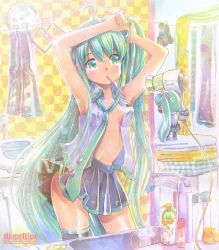 Rule 34 | 2girls, adjusting hair, armpits, arms up, bathroom, checkered background, chibi, clock, clothesline, cup, detached sleeves, faucet, green eyes, green hair, hachune miku, hair dryer, hatsune miku, highres, long hair, mayo riyo, mouth hold, mug, multiple girls, necktie, open clothes, open shirt, rubber duck, shirt, single thighhigh, sink, skirt, spring onion, thighhighs, toothbrush, towel, traditional media, very long hair, vocaloid