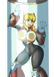 Rule 34 | 1girl, absurdres, alia (mega man), android, armor, blonde hair, blue eyes, blush, bodysuit, breast press, breasts, capcom, glass, gloves, highres, kotatuman dash, large breasts, looking at viewer, mega man (series), mega man x (series), open mouth, pink armor, robot, robot ears, solo, standing, thick thighs, thighs, trapped, white gloves, wide hips