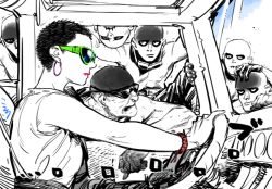 Rule 34 | 1girl, 6+boys, ace (mad max), earrings, imperator furiosa, jewelry, kotteri, lipstick, mad max, mad max: fury road, makeup, mechanical arms, monochrome, multiple boys, short hair, single mechanical arm, sound effects, spot color, sunglasses, very short hair