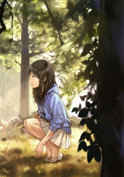 Rule 34 | 1girl, absurdres, black hair, feet, forest, grass, highres, hood, hoodie, kishida mel, legs, long hair, nature, open mouth, original, pleated skirt, sandals, skirt, sleeves pushed up, smile, solo, squatting, sunlight, tree