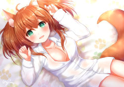 Rule 34 | 1girl, :d, absurdres, ahoge, animal ear fluff, animal ears, aqua eyes, blush, breasts, buttons, cleavage, collarbone, collared shirt, commentary request, dress shirt, fang, fox ears, fox tail, hair between eyes, hands up, highres, long hair, long sleeves, looking at viewer, medium breasts, naked shirt, open mouth, orange hair, original, paw print, shirt, signature, smile, solo, tail, thighs, twintails, umishima rinta, white shirt