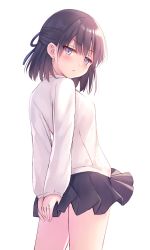 Rule 34 | 1girl, black hair, black skirt, covering ass, covering privates, cowboy shot, from behind, highres, long sleeves, na-ga, original, pleated skirt, purple eyes, shirt, short hair, simple background, skirt, solo, thighs, white background, white shirt