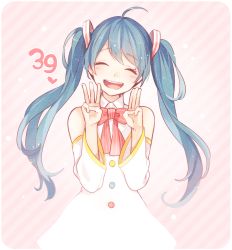 Rule 34 | 1girl, 39, ^ ^, ahoge, aqua hair, bow, bowtie, closed eyes, detached sleeves, dress, closed eyes, hatsune miku, head tilt, long hair, open mouth, solo, striped, striped background, tama (songe), twintails, vocaloid