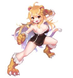 Rule 34 | 1girl, :d, ahoge, animal ears, animal hands, black dress, blonde hair, breasts, cawang, cleavage, dress, fighting stance, full body, gloves, highres, large breasts, lion ears, lion girl, lion tail, long hair, looking at viewer, open mouth, original, paw gloves, paw shoes, short dress, simple background, smile, solo, strapless, strapless dress, tail, twitter username, very long hair, white background