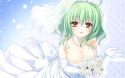 Rule 34 | 1girl, :d, bouquet, breasts, bridal veil, brown eyes, choker, cleavage, diva with the blessed dragonol, dress, elbow gloves, flower, gloves, green hair, highres, hinohara tamako, holding, jewelry, large breasts, lunaris filia, mikagami mamizu, necklace, open mouth, ribbon choker, rose, smile, solo, strapless, strapless dress, tiara, veil, wallpaper, wedding dress, white dress, white flower, white gloves, white rose