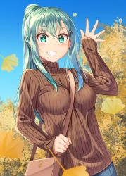 Rule 34 | 10s, 1girl, :d, alternate costume, alternate hairstyle, anchor symbol, arm up, autumn leaves, bag, between breasts, blue sky, blush, breasts, bright pupils, casual, day, denim, eyebrows, ginkgo tree, green eyes, green hair, grin, gurande (g-size), hair between eyes, hair ornament, hairclip, hand up, highres, holding strap, jeans, kantai collection, large breasts, leaf, long hair, matching hair/eyes, open mouth, outdoors, pants, ponytail, ribbed sweater, sky, sleeves past wrists, smile, solo, strap, strap between breasts, suzuya (kancolle), sweater, tree, turtleneck, turtleneck sweater, upper body, waving, white pupils