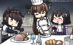 Rule 34 | 3girls, ^ ^, alcohol, black hair, blush, bodysuit, brown hair, buttons, chef, chef hat, closed eyes, clothes writing, commentary, cup, dated, double-breasted, drinking glass, flying sweatdrops, fork, gloves, hachimaki, haguro (kancolle), hamu koutarou, hat, hatsuzuki (kancolle), headband, highres, holding, holding fork, jacket, kantai collection, long hair, long sleeves, military, military uniform, multiple girls, nose blush, open mouth, pointy hair, ponytail, purple jacket, school uniform, serafuku, short hair, short sleeves, sitting, smile, uniform, white gloves, wine, wine glass, yamato (kancolle)