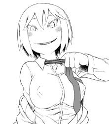 Rule 34 | 1girl, blush, breasts, cardigan, character request, covered erect nipples, greyscale, grin, large breasts, loose necktie, monochrome, naughty face, necktie, original, shirt, short hair, smile, solo, tsukudani (coke-buta), tsurime, undressing