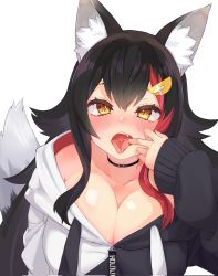 Rule 34 | 1girl, animal ear fluff, animal ears, black choker, black hair, black hoodie, blush, breasts, choker, cleavage, coro1130, corrupted twitter file, flipped hair, grey hair, hair between eyes, hair ornament, hairclip, highres, hololive, hood, hoodie, large breasts, long hair, looking at viewer, low-tied long hair, low ponytail, multicolored hair, ookami mio, ookami mio (casual), open mouth, red hair, solo, streaked hair, tongue, tongue out, two-tone hoodie, very long hair, virtual youtuber, white hair, white hoodie, wide ponytail, wolf ears, wolf girl, yellow eyes