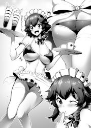 Rule 34 | 1girl, apron, ass, bikini, black bikini, black hair, blush, braid, breasts, butt crack, close-up, detached collar, frills, girls und panzer, greyscale, heart, large breasts, maid, maid day, maid headdress, monochrome, navel, one eye closed, open mouth, pepperoni (girls und panzer), sasaki tatsuya, side braid, smile, swimsuit, thighhighs, white thighhighs
