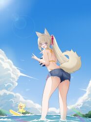 Rule 34 | 1girl, absurdres, alternate breast size, alternate hairstyle, animal ear fluff, animal ears, ass, bikini, blonde hair, blue eyes, blue sky, breasts, cloud, commission, denim, denim shorts, double fox shadow puppet, fox ears, fox girl, fox shadow puppet, fox tail, from behind, glasses, highres, large breasts, merumaruru, ponytail, prism project, second-party source, shorts, sky, solo, striped bikini, striped clothes, sun glare, swimsuit, tail, tokimori aoi, virtual youtuber, water