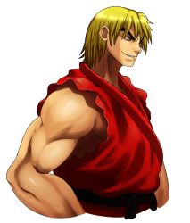 Rule 34 | 1boy, belt, blonde hair, brown eyes, dougi, eric lowery, eyebrows, highres, ken masters, male focus, martial arts belt, muscular, short hair, simple background, sleeveless, solo, street fighter, thick eyebrows, upper body