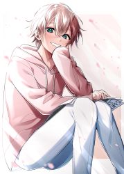 Rule 34 | 1boy, absurdres, blush, brown hair, green eyes, head rest, highres, hood, hoodie, ikurikaito, long sleeves, looking at viewer, magazine (object), male focus, multicolored background, open mouth, original, pants, pink background, pink hoodie, reading, short hair, sitting, smile, solo, white background, white pants