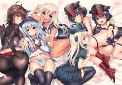 Rule 34 | 6+girls, ahoge, anchor symbol, arm up, armband, ass, asymmetrical hair, bed sheet, black bodysuit, black hair, black legwear, blue eyes, blue one-piece swimsuit, blush, bodysuit, boots, breasts, brown eyes, brown hair, cleft of venus, closed mouth, clothes writing, corset, crop top, cropped jacket, flat cap, flower, framed breasts, garrison cap, gloves, grey eyes, hair between eyes, hair flaps, hair flower, hair ornament, hairband, hat, hatsuzuki (kancolle), headband, headgear, headphones, hibiki (kancolle), high heel boots, high heels, i-13 (kancolle), i-14 (kancolle), kantai collection, large breasts, legs, long hair, looking at viewer, lying, military, military uniform, multiple girls, navel, neckerchief, nipples, on back, on bed, on side, one-piece swimsuit, open mouth, panties, pantyhose, partially fingerless gloves, petals, puffy sleeves, red panties, ro-500 (kancolle), sailor collar, sasachin (k+w), school swimsuit, school uniform, seiza, serafuku, shirt, short hair, side-tie panties, single glove, sitting, skirt, smile, swimsuit, swimsuit under clothes, tan, tanline, thighhighs, thighs, u-511 (kancolle), underwear, undressing, uniform, white hair, yellow eyes