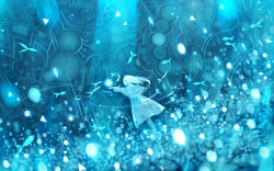 Rule 34 | 1girl, arm up, blue theme, capelet, dress, dutch angle, fish, glowing, light particles, light rays, long hair, long sleeves, original, sakimori (hououbds), shapes, solo, sunbeam, sunlight, white hair