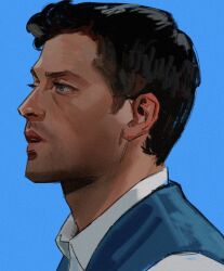 Rule 34 | 1boy, beard stubble, black hair, blue background, blue eyes, castiel, commentary, derivative work, english commentary, facial hair, highres, male focus, mature male, parted lips, profile, rozavay, screenshot redraw, short hair, simple background, solo, stubble, supernatural (tv series), upper body
