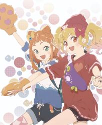 2girls :d absurdres aikatsu!_(series) aikatsu_stars! animal_hands arm_up beanie bell blonde_hair blue_shirt blue_shorts bow cat_ear-shaped_hair dot_nose fangs gloves gradient_hair green_eyes hair_bell hair_bow hair_ornament hat highres jewelry jingle_bell leg_lift long_hair looking_at_viewer multicolored_hair multiple_girls nijino_yume open_mouth orange_eyes orange_hair paw_gloves pink_bow pink_hair pink_hat pink_thighhighs red_shirt ring saitou_atsushi_(kamatamanankotu) saotome_ako shirt short_sleeves shorts sidelocks smile straight_hair teeth thighhighs twintails two-tone_hair upper_teeth_only v-shaped_eyebrows white_background wristband yellow_bow