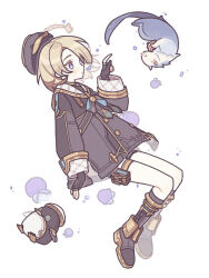 Rule 34 | 1boy, :o, air bubble, beret, black footwear, black gloves, black hat, black jacket, blonde hair, blush, boots, bubble, buttons, commentary, double-breasted, english commentary, freckles, freminet (genshin impact), full body, genshin impact, gloves, gold trim, hand up, hat, jacket, knee boots, long sleeves, male focus, non-humanoid robot, otter, parted bangs, parted lips, partially fingerless gloves, pers (genshin impact), pouch, purple eyes, robot, robot animal, short hair, sidelocks, simple background, sleeve cuffs, solo, thigh pouch, thigh strap, waa (wawawaa1005), white background