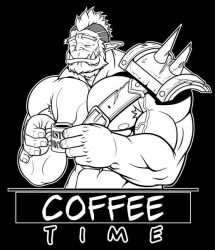 Rule 34 | 1boy, armor, bara, beard, chest belt, coffee mug, cropped torso, cup, dad mug, ears down, english text, facial hair, forked eyebrows, full beard, greyscale, holding, holding cup, icysage, large pectorals, male focus, mature male, merchandise available, mohawk, monochrome, monster boy, mug, muscular, muscular male, orc, original, pauldrons, pectorals, pointy ears, shoulder armor, single pauldron, sleepy, solo, thick beard, tusks