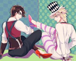Rule 34 | 2boys, blonde hair, blue eyes, brown hair, caesar anthonio zeppeli, corset, facial mark, feather hair ornament, feathers, fingerless gloves, from behind, gloves, green eyes, hair ornament, hat, headband, high heels, jojo no kimyou na bouken, kogatarou, male focus, multiple boys, pants, short twintails, sitting, striped clothes, striped pants, suspenders, sweater vest, top hat, twintails
