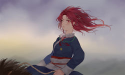 Rule 34 | 1girl, alternate costume, braid, cloud, cloudy sky, floating hair, freckles, fur-trimmed sleeves, fur trim, grass, hong meiling, looking at viewer, no headwear, orange eyes, parted lips, red hair, reeh (yukuri130), sash, sitting, sky, solo, touhou, traditional clothes, twin braids, wariza, wings