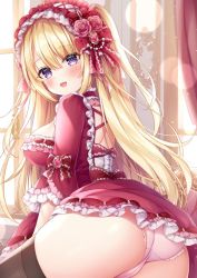 Rule 34 | 1girl, :d, ass, black thighhighs, blonde hair, blush, breasts, commentary request, dress, fang, hair between eyes, hair ribbon, indoors, long hair, looking at viewer, looking to the side, medium breasts, mitsuba choco, open mouth, original, panties, pink panties, purple eyes, red dress, ribbon, smile, solo, thighhighs, thighs, underwear, window